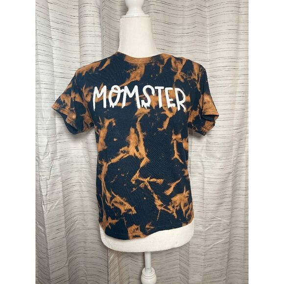 🌸 Gildan Heavy Cotton "Momster" T Shirt Black with Bleach Tie Dye Halloween - Picture 2 of 9
